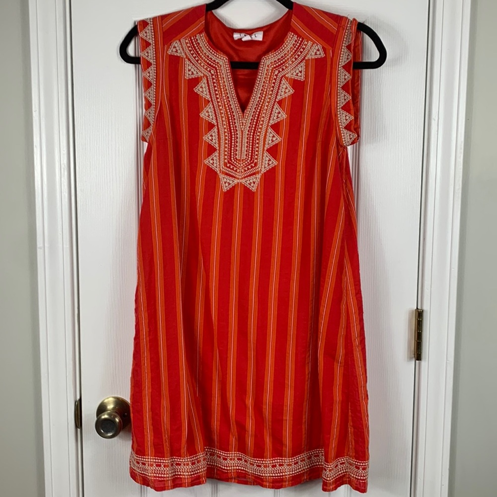 THML red/orange/tan sleeveless dress with embroidered details size XS lining.